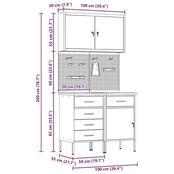 vidaXL Πάγκος εργασίας με συρτάρι 5 pcs Μαύρο 100 x 55 x 200 εκ Ατσάλι
