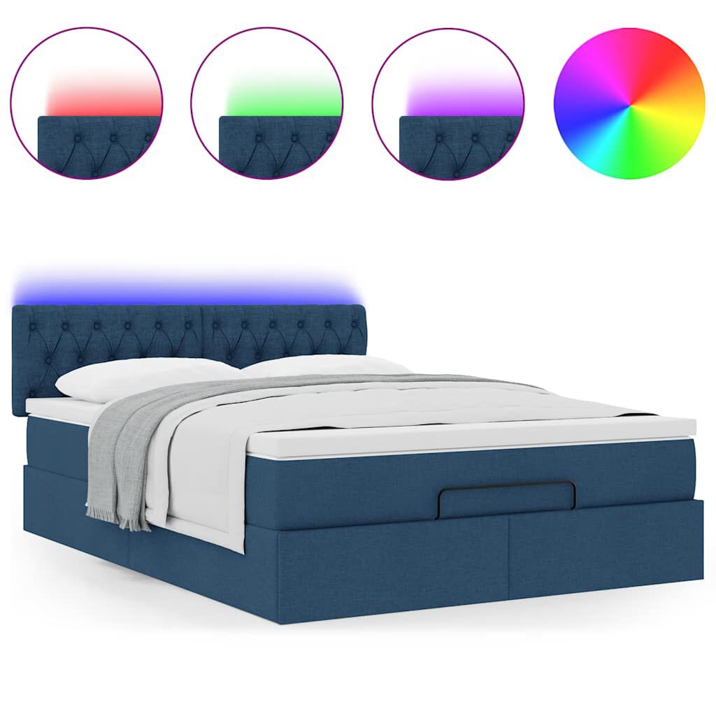 vidaXL Οθωμανικό κρεβάτι με στρώμα & LEDs Μπλε 140x200cm ύφασμα