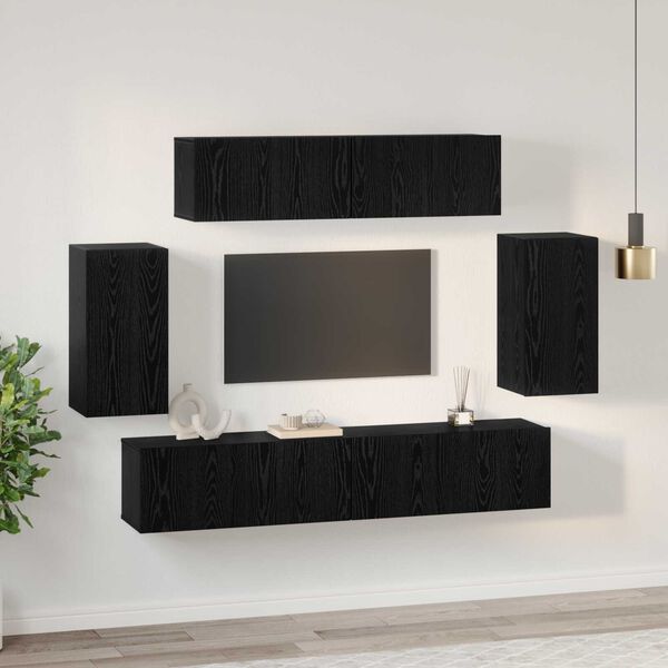 vidaXL Τηλεοπτική Κάβα Τοίχου 6 pcs Μαύρη Δρυς Επεξεργασμένο ξύλο