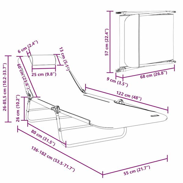 vidaXL Πτυσσόμενη ξαπλώστρα Κρεμ 182 x 55 x 85.5 εκ. Textilene