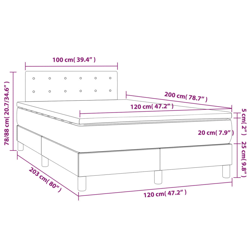 vidaXL Κρεβάτι Boxspring με Στρώμα & LED Κρεμ 120x200 εκ. Υφασμάτινο