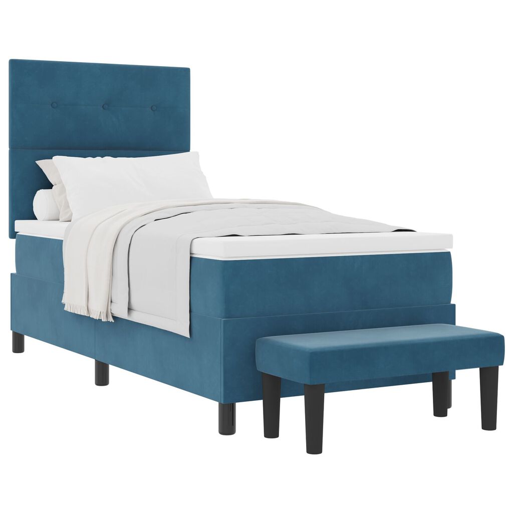 vidaXL Κρεβάτι Box Spring με Μαξιλάρι & Πάγκο Σκούρο Μπλε 90x190 εκ Βελούδο