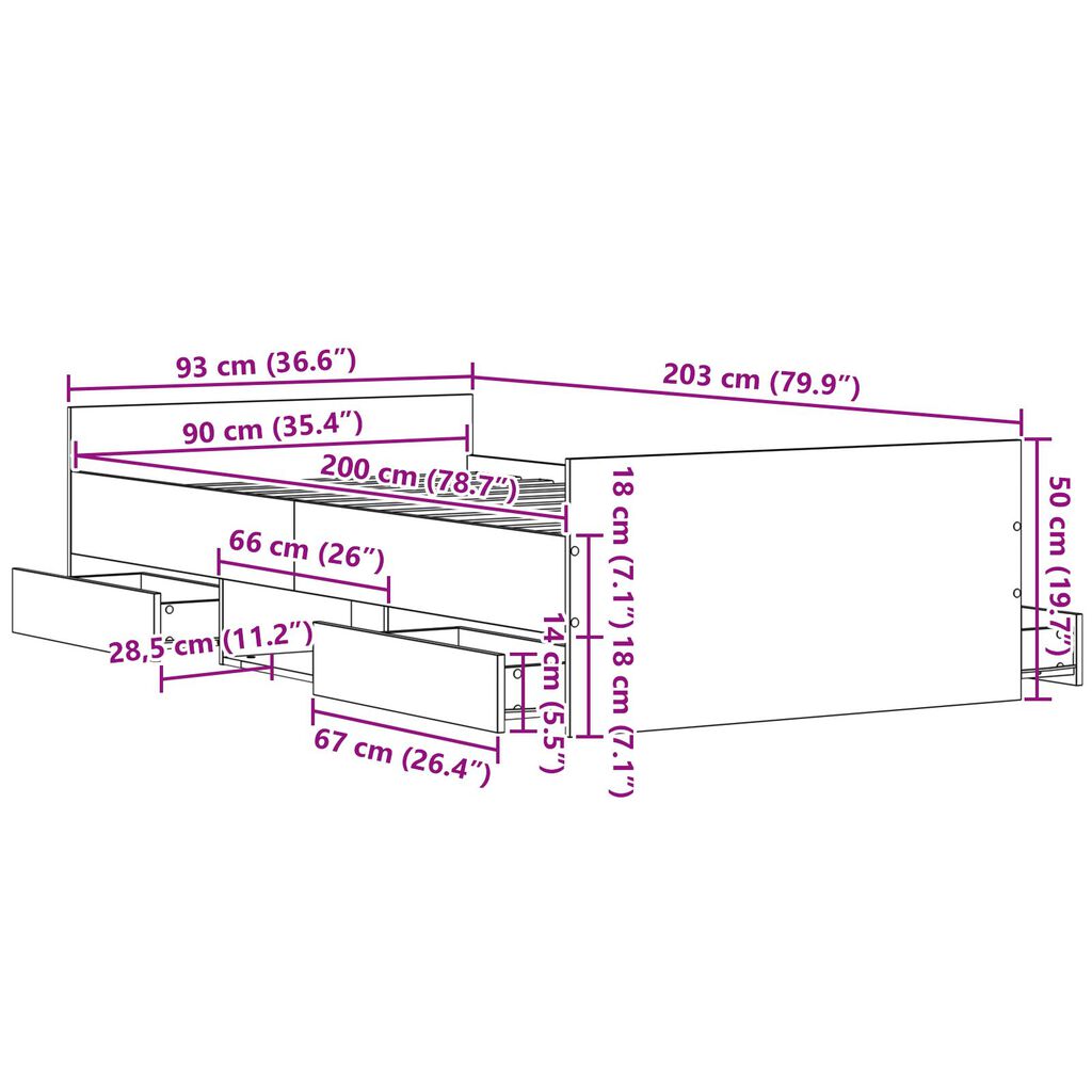 vidaXL Κρεβάτι χωρίς Στρώμα Μαύρο Δρυς 90x200 εκ Επεξεργασμένο Ξύλο