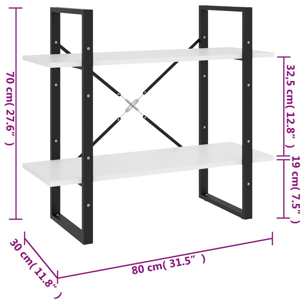 vidaXL Βιβλιοθήκη με 2 Ράφια Λευκή 80 x 30 x 70 εκ. από Επεξ. Ξύλο