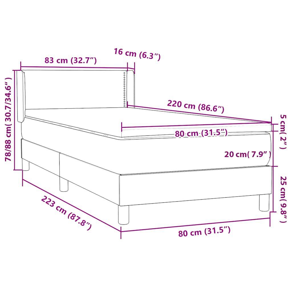 vidaXL Κρεβάτι Boxspring με Στρώμα Μαύρο 80x220 εκ. Βελούδινο