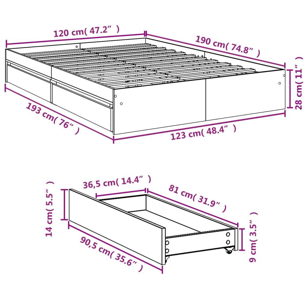 vidaXL Πλαίσιο Κρεβατιού με συρτάρια Sonoma Δρυς 120x190εκ. Επεξ. Ξύλο