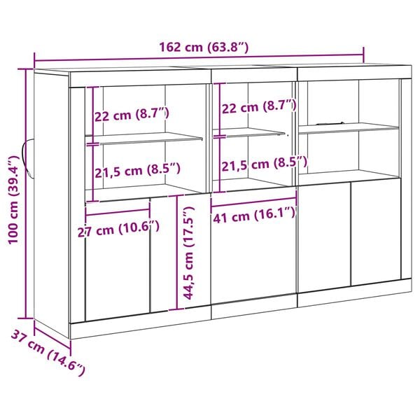 vidaXL Μπουφές με LED Φώτα Φθαρμένο Ξύλο 162x37x100 εκ. Υποβλητικό Σχέδιο