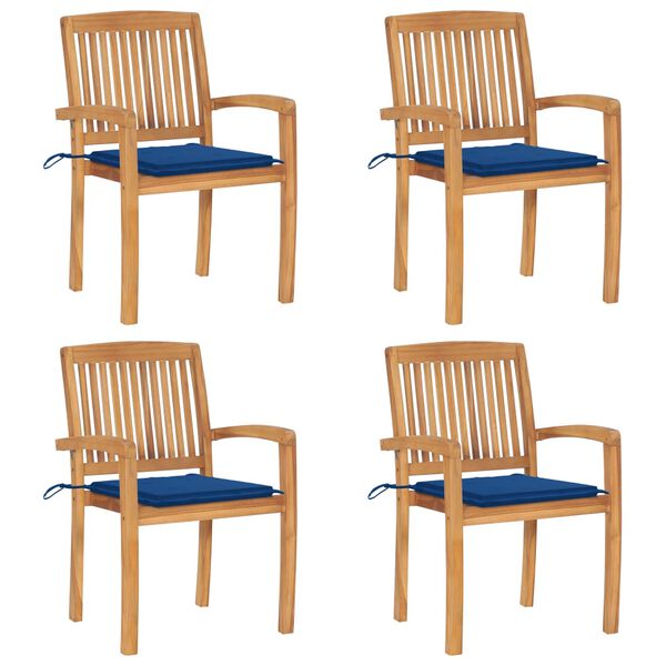 vidaXL Καρέκλες Κήπου Στοιβαζόμενες 4 τεμ. Μασίφ Ξύλο Teak & Μαξιλάρια