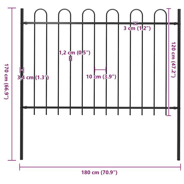 vidaXL Φράχτης Κήπου με Κορυφή από Ατσάλι 181 x 120 εκ. Μαύρος