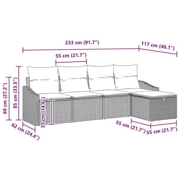 vidaXL Σετ Καναπέ Κήπου 5 pcs Γκρι 233 x 117 x 85 εκ Πολυ ράταν