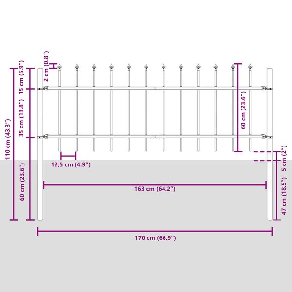 vidaXL Φράχτης Κήπου Γκρι 8.5 x 0.6 μ Ατσάλι με Επικάλυψη Πούδρας