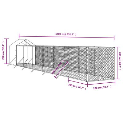 vidaXL Κλουβί Σκύλου Εξ. Χώρου με Οροφή Ασημί 2x14x2,5 μ. Γαλβ. Ατσάλι