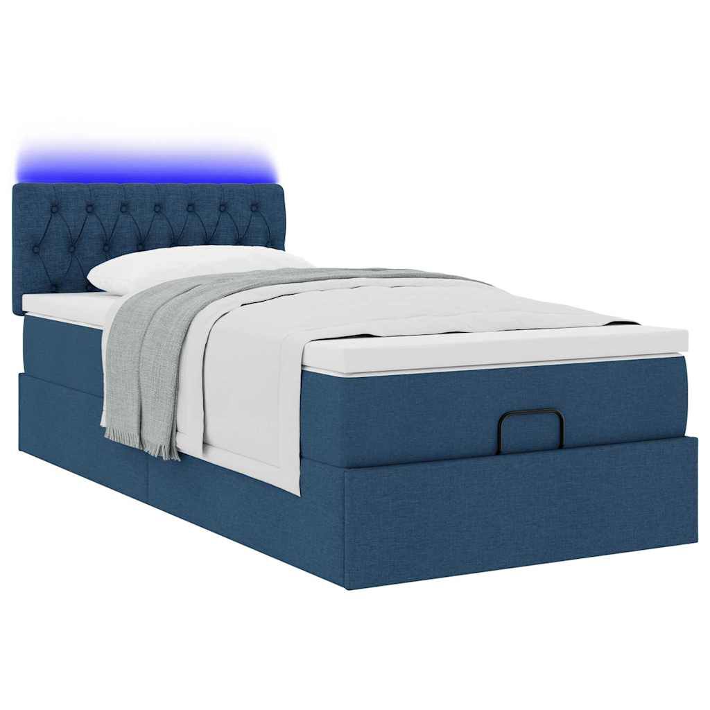 vidaXL Οθωμανικό κρεβάτι με στρώμα & LEDs Μπλε 90x190cm ύφασμα