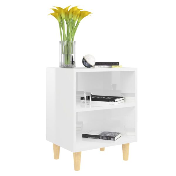vidaXL Κομοδίνα 2 τεμ. Γυαλιστ. Λευκό 40x30x50 εκ. Μασίφ Ξύλινα Πόδια