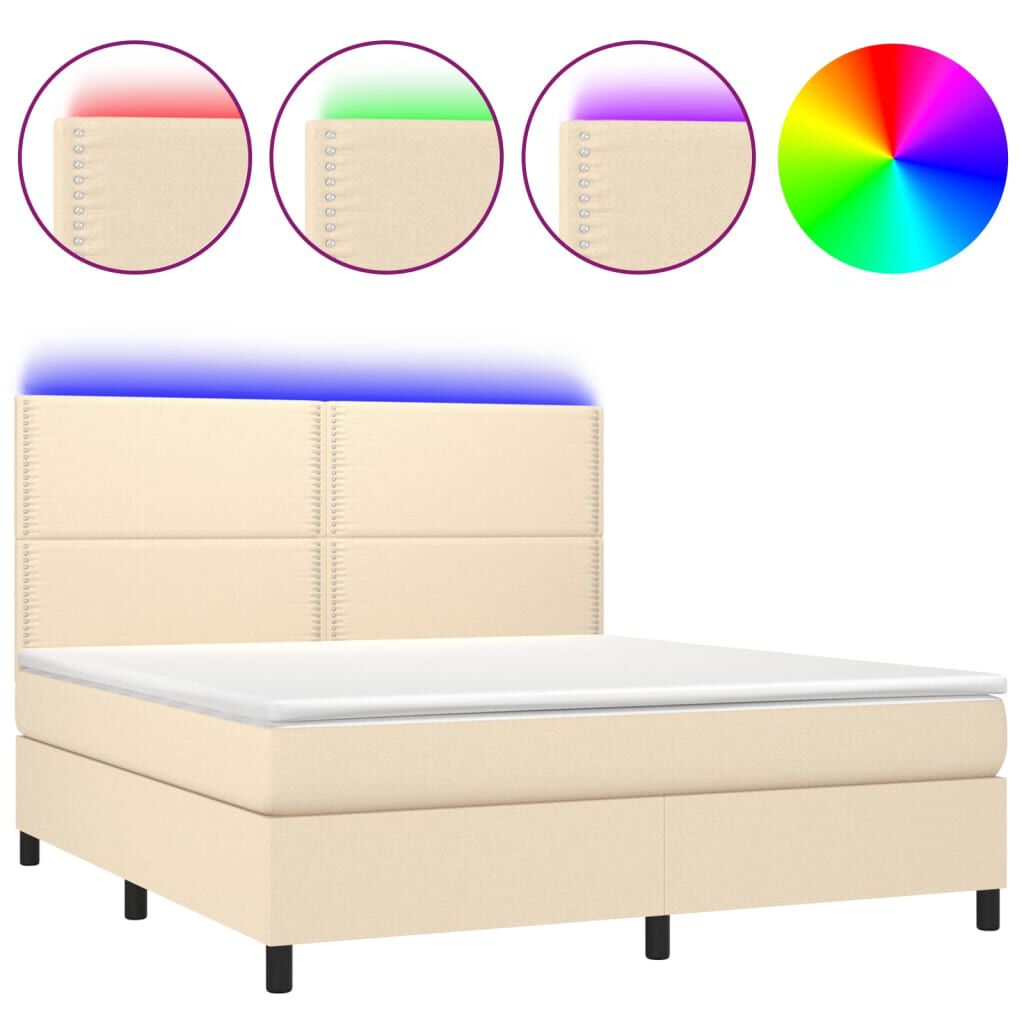vidaXL Κρεβάτι Boxspring με Στρώμα & LED Κρεμ 180x200 εκ. Υφασμάτινο