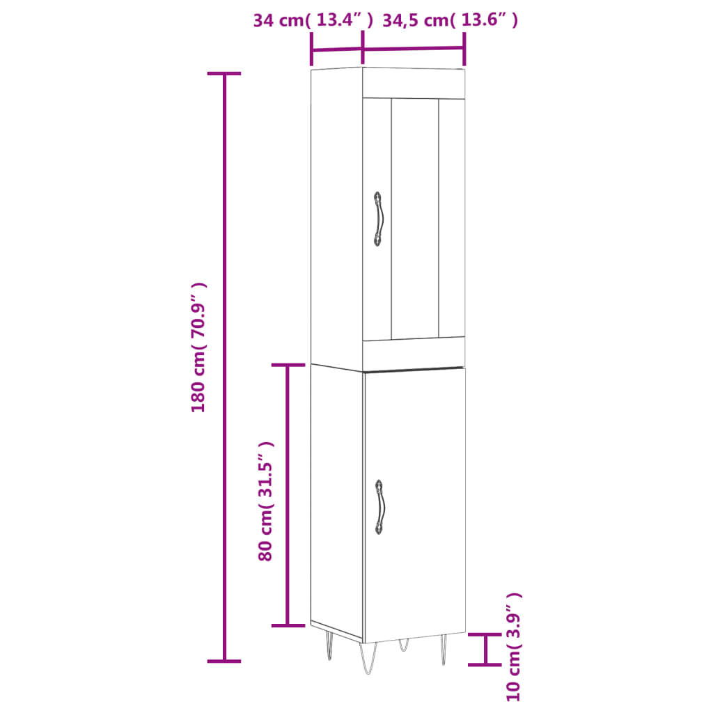 vidaXL Ντουλάπι Γυαλ. Λευκό 34,5 x 34 x 180 εκ. από Επεξεργασμένο Ξύλο