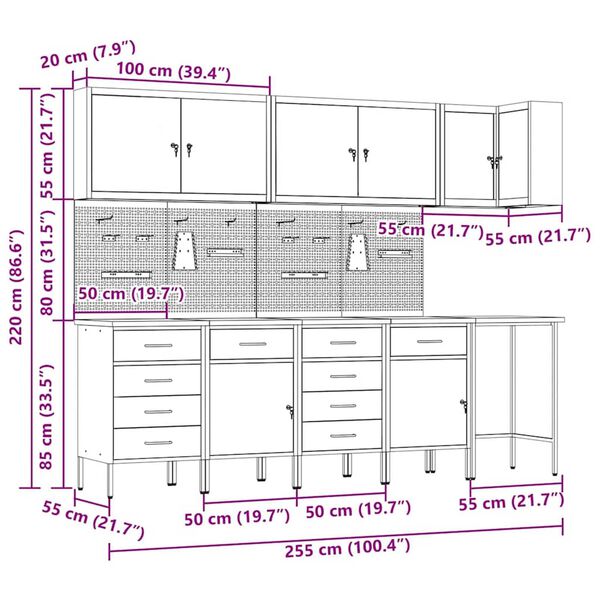 vidaXL Ντουλάπα Εργασίας με συρτάρι 12 pcs Μαύρο 255 x 55 x 220 εκ
