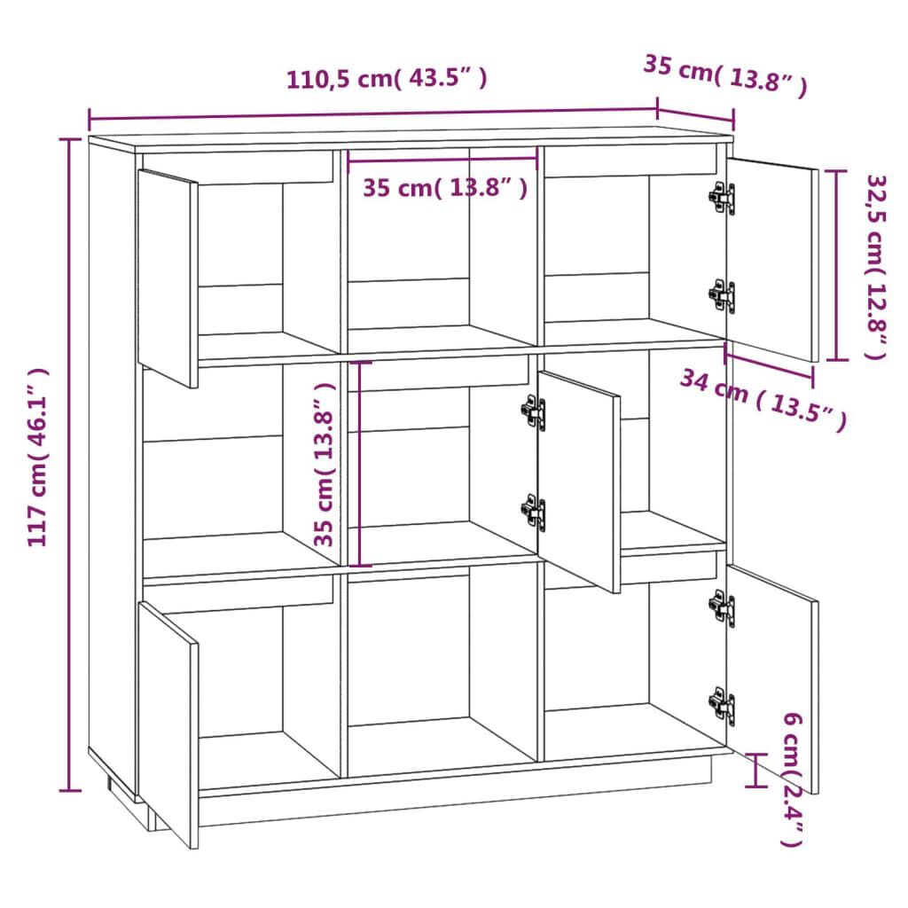 vidaXL Ντουλάπι Ψηλό Μελί 110,5x35x117 εκ. από Μασίφ Ξύλο Πεύκου