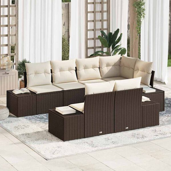 vidaXL Σετ Καναπέ Κήπου με μαξιλάρι 7 pcs Καφέ και κρεμ Πολυ ράταν