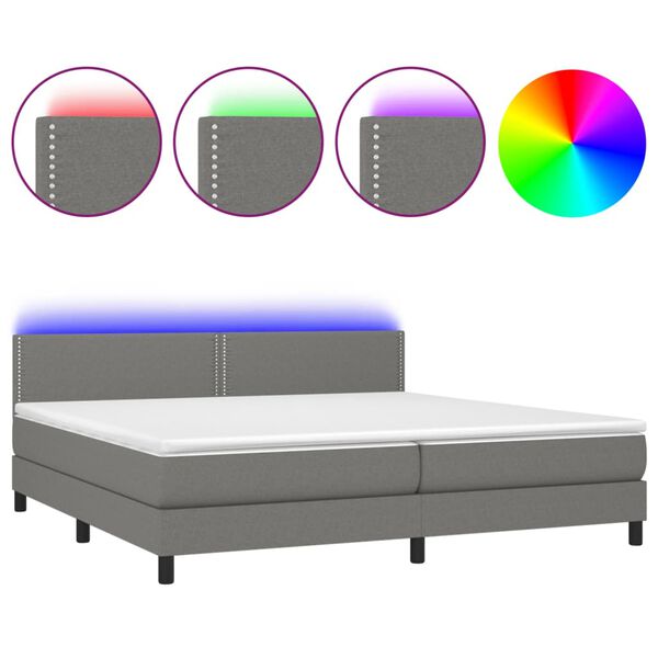 vidaXL Κρεβάτι Boxspring με Στρώμα & LED Σκ.Γκρι 200x200εκ. Υφασμάτινο