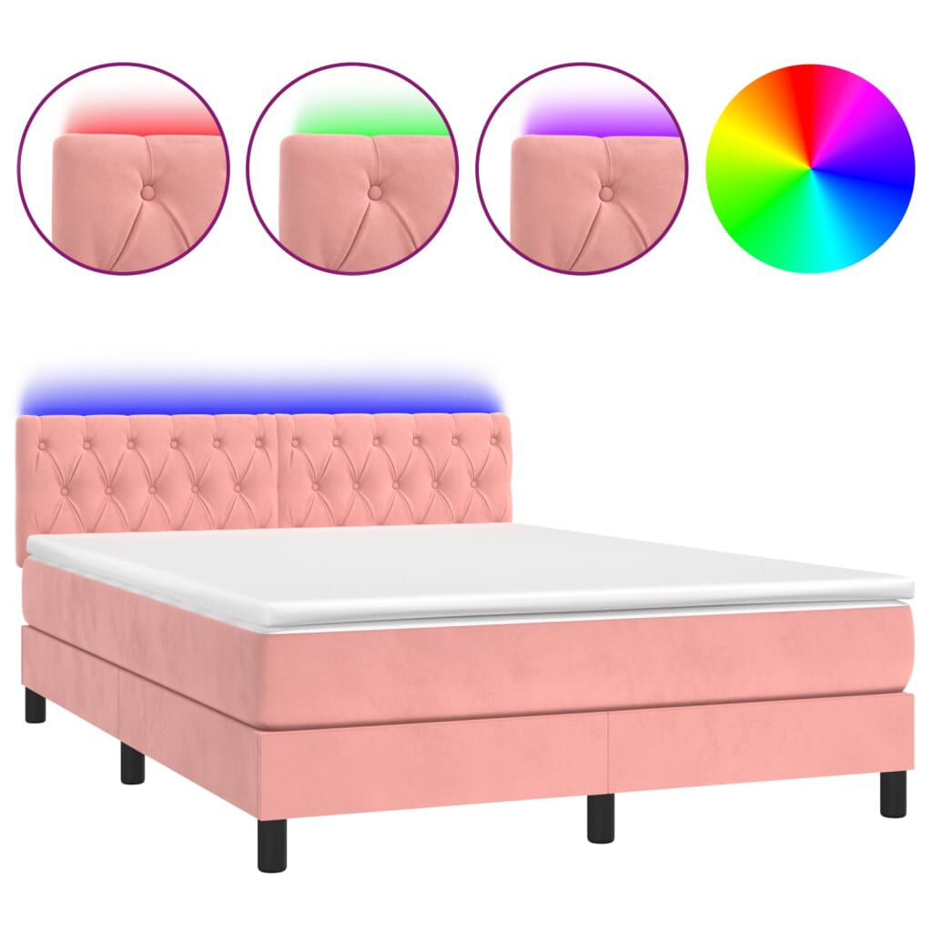 vidaXL Κρεβάτι Boxspring με Στρώμα & LED Ροζ 140x200 εκ. Βελούδινο