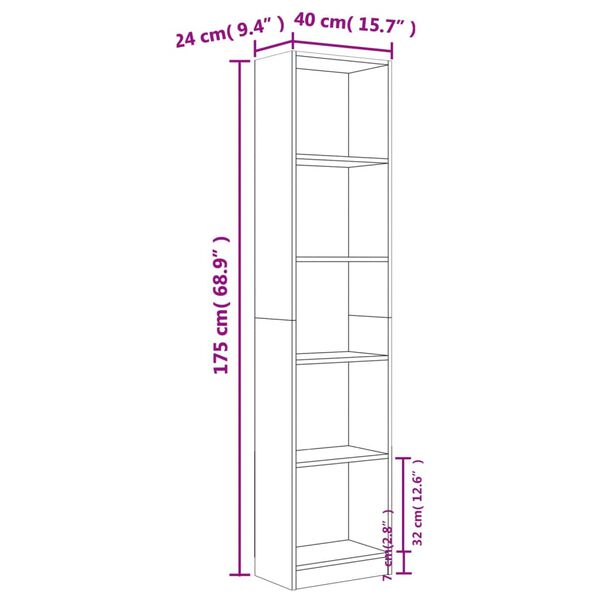 vidaXL Βιβλιοθήκη με 5 Ράφια Καφέ Δρυς 40x24x175 εκ. Επεξεργ. Ξύλο