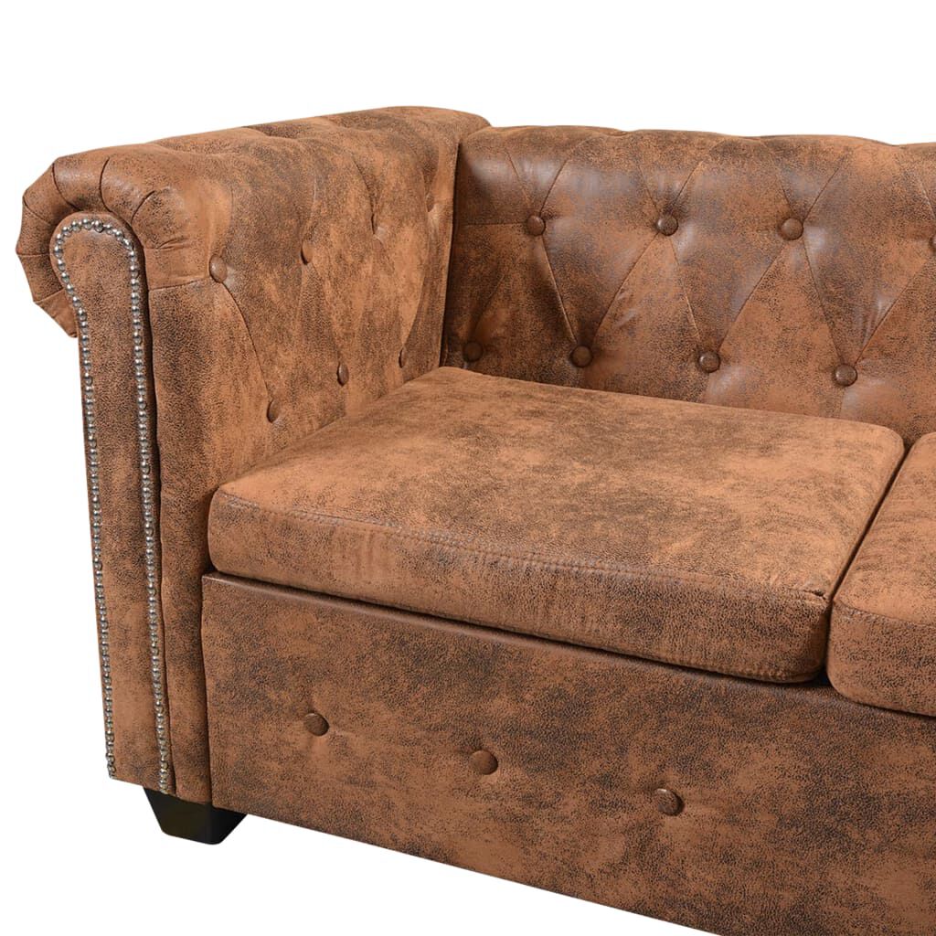 vidaXL Γωνιακός Καναπές Chesterfield 5 Θέσεων Καφέ από Συνθετικό Δέρμα