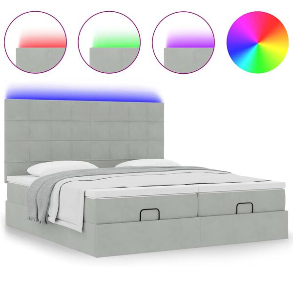 vidaXL Οθωμανικό κρεβάτι με στρώματα & LEDs Ανοιχτό γκρι Βελούδο