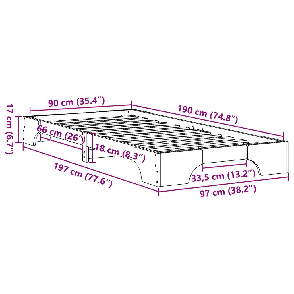 vidaXL Κρεβάτι Φυσικό Σκληρό ξύλο πεύκου 90 x 190 εκ. Εργονομικό