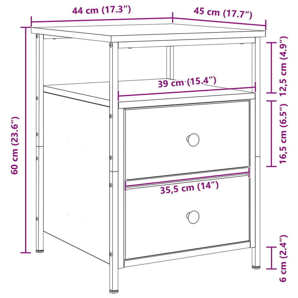vidaXL Κομοδίνο με συρτάρι Μαύρη δρυς 44 x 45 x 60 εκ