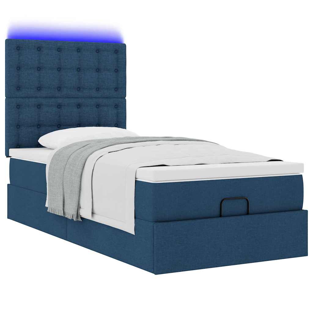 vidaXL Οθωμανικό κρεβάτι με στρώμα & LEDs Μπλε 90x190cm ύφασμα