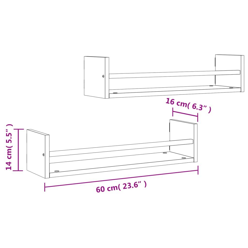 vidaXL Ράφια Τοίχου με Μπάρα 2 τεμ. Καφέ Δρυς 60 x 16 x 14 εκ.