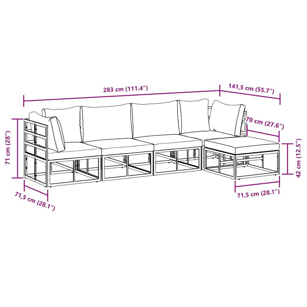 vidaXL Σετ Καναπέ Κήπου 5 pcs Μαύρο 283 x 141.5 x 71 εκ. Αλουμίνιο
