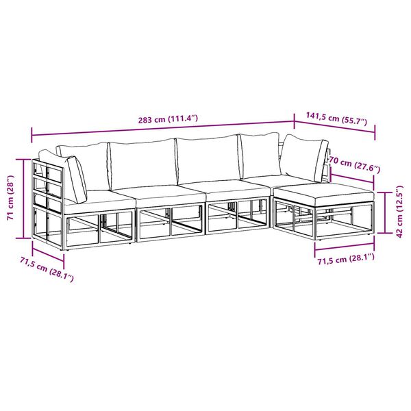 vidaXL Σετ Καναπέ Κήπου 5 pcs Μαύρο 283 x 141.5 x 71 εκ. Αλουμίνιο