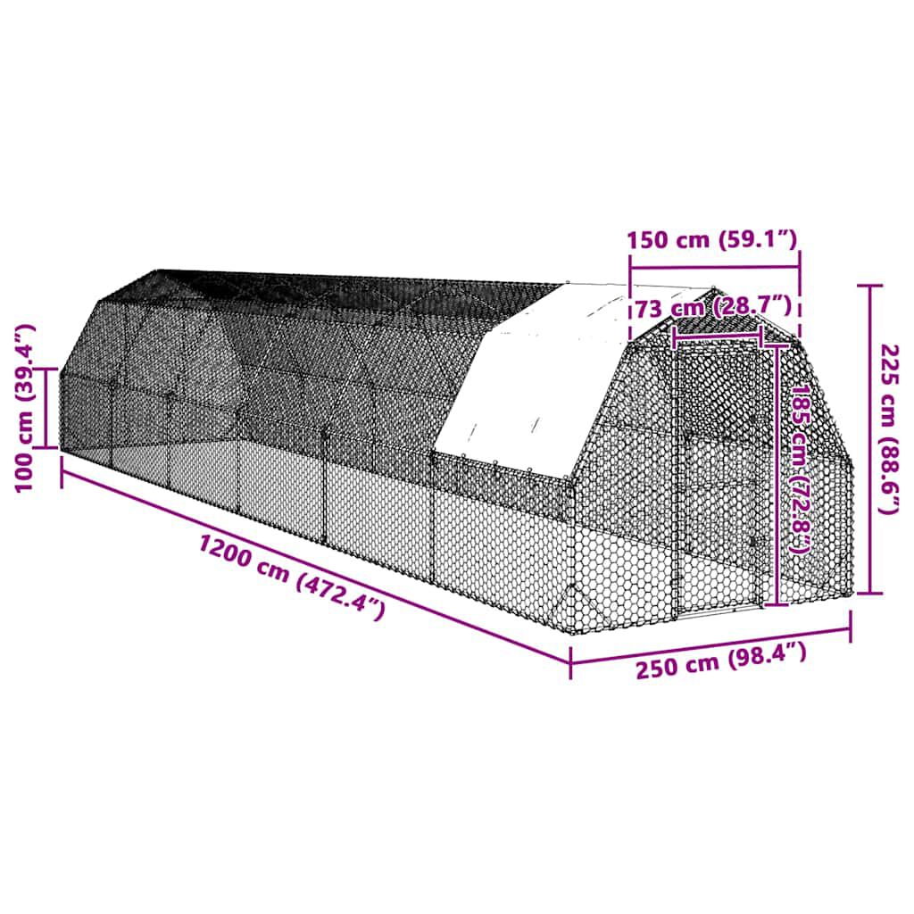 vidaXL Τρέξιμο για κοτόπουλα με οροφή 2,5x12x2,25 μ. από Γαλβ. Χάλυβα