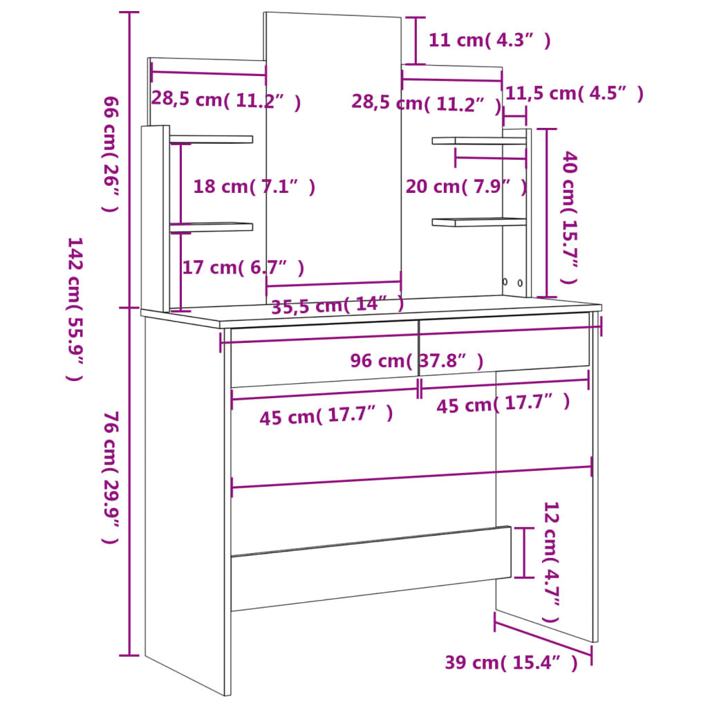 vidaXL Μπουντουάρ με Καθρέφτη Μαύρο 96 x 39 x 142 εκ.