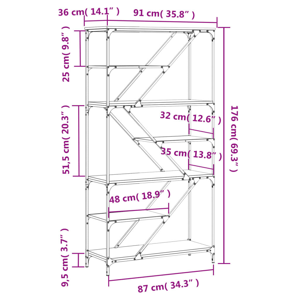 vidaXL Βιβλιοθήκη Καπνιστή Δρυς 91 x 36 x 176 εκ. Επεξεργ. Ξύλο/Ατσάλι