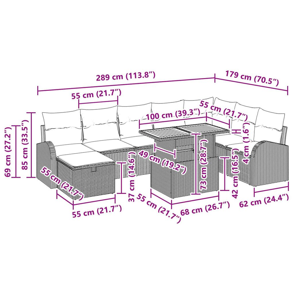 vidaXL Σετ Καναπέ Κήπου με μαξιλάρι 9 pcs Γκρι Πολυ ράταν