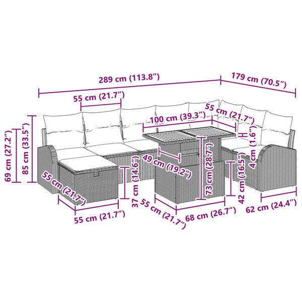 vidaXL Σετ Καναπέ Κήπου με μαξιλάρι 9 pcs Γκρι Πολυ ράταν