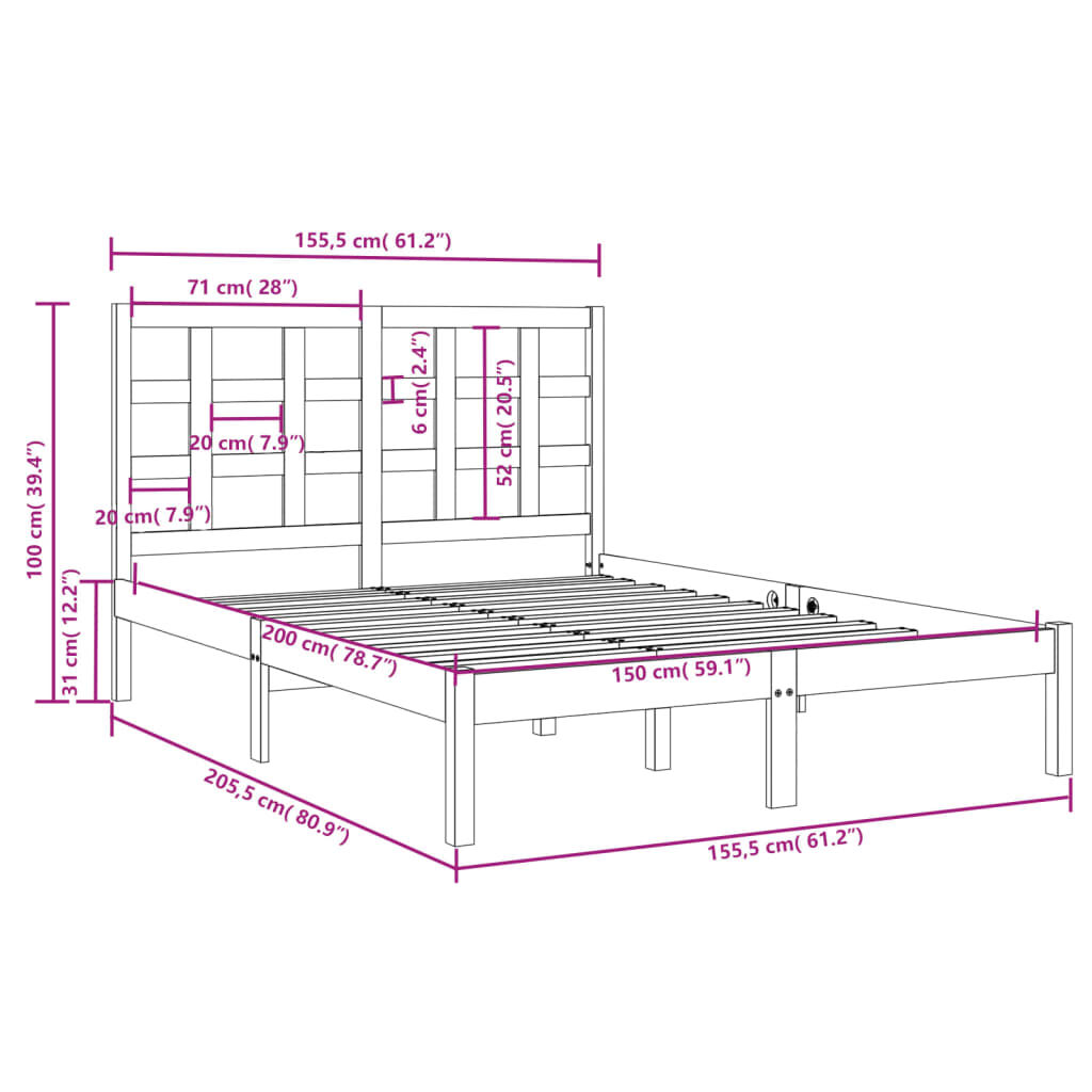 vidaXL Πλαίσιο Κρεβατιού Γκρι 150 x 200 εκ. Μασίφ Ξύλο King Size