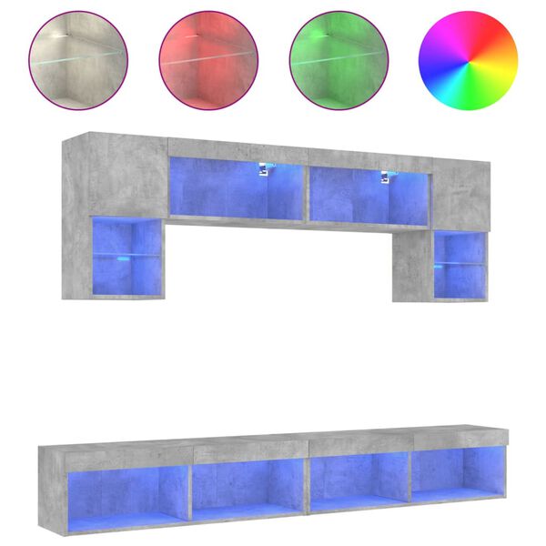 vidaXL Έπιπλα Τοίχου Τηλεόρασης 6 τεμ. LED Γκρι Σκυρ. από Επεξ. Ξύλο