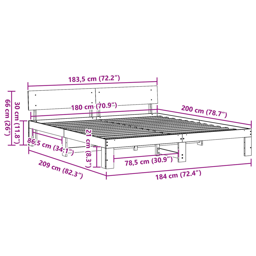 vidaXL Σκελετός Κρεβατιού με Κεφαλάρι Λευκό 180x200 εκ Μασίφ Ξύλο Πεύκου