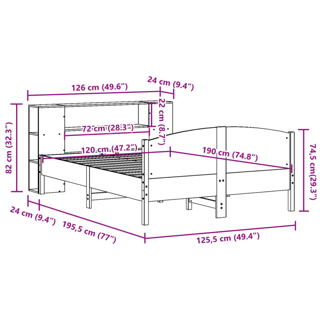 vidaXL Κρεβάτι Βιβλιοθήκη Χωρίς Στρώμα 120x190 εκ Μασίφ Ξύλο Πεύκου
