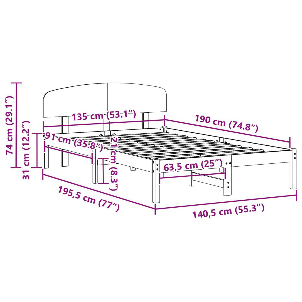 vidaXL Κρεβάτι με Κεφαλαρι Λευκό 135x190 εκ Μασίφ Ξύλο Πεύκου