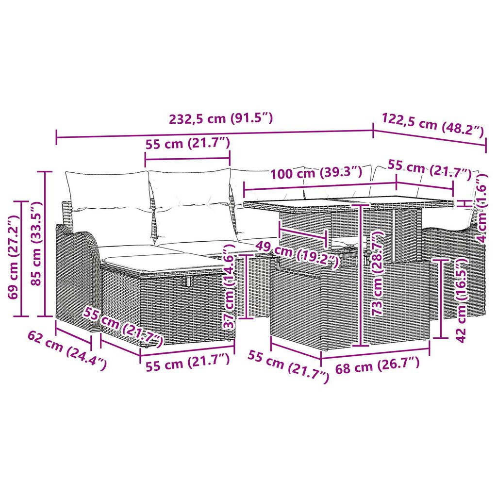 vidaXL Σετ Καναπέ Κήπου με μαξιλάρι 7 pcs Ανοιχτό γκρι Πολυ ράταν