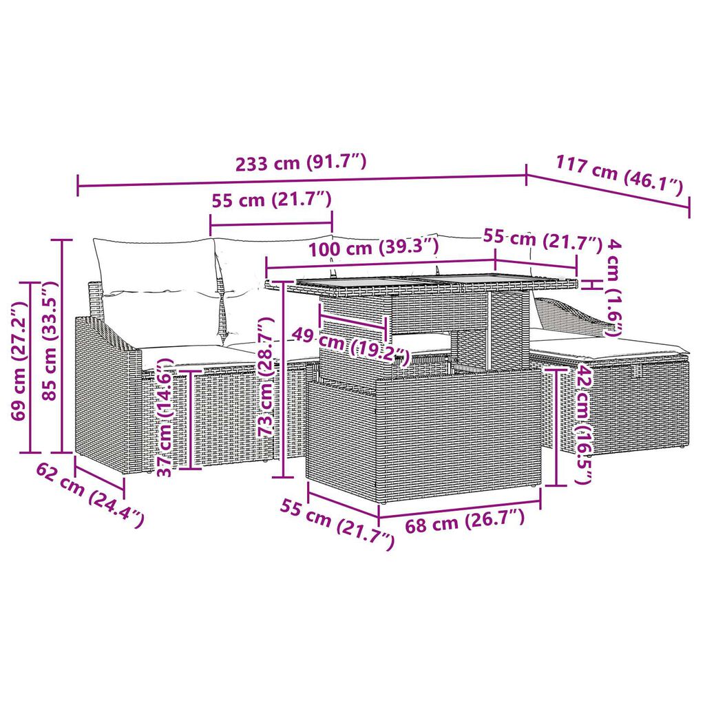 vidaXL Σετ Καναπέ Κήπου Ρυθμιζόμενο ύψος 6 pcs Μαύρο συνθετικό ρατάν
