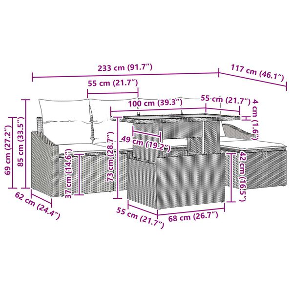 vidaXL Σετ Καναπέ Κήπου Ρυθμιζόμενο ύψος 6 pcs Μαύρο συνθετικό ρατάν