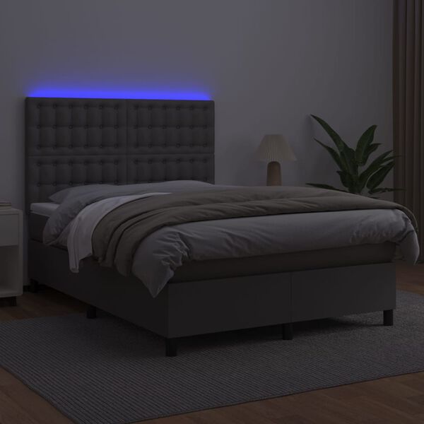 vidaXL Κρεβάτι Boxspring με Στρώμα & LED Γκρι 140x190 εκ. Συνθ. Δέρμα