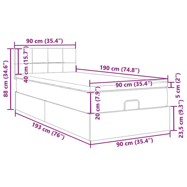 vidaXL Οθωμανικό κρεβάτι με στρώμα & LEDs Μαύρο ύφασμα 90x190cm