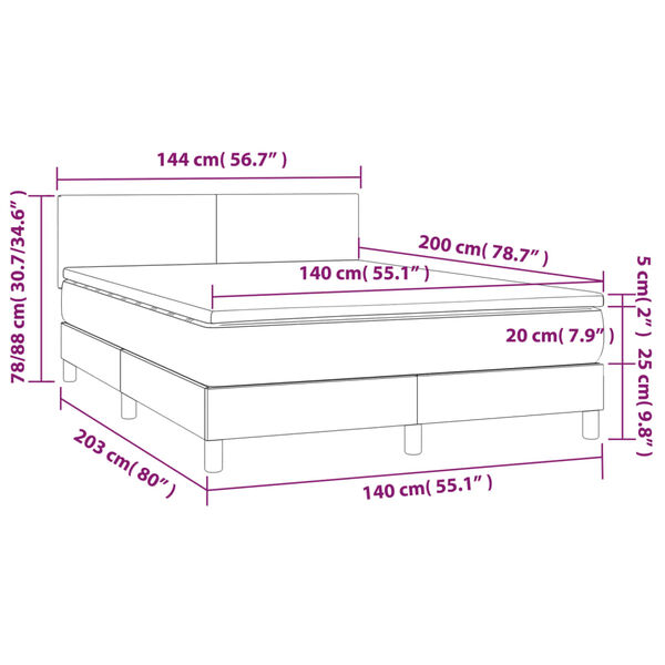 vidaXL Κρεβάτι Boxspring με Στρώμα & LED Σκ. Γκρι 140x200εκ. Βελούδινο